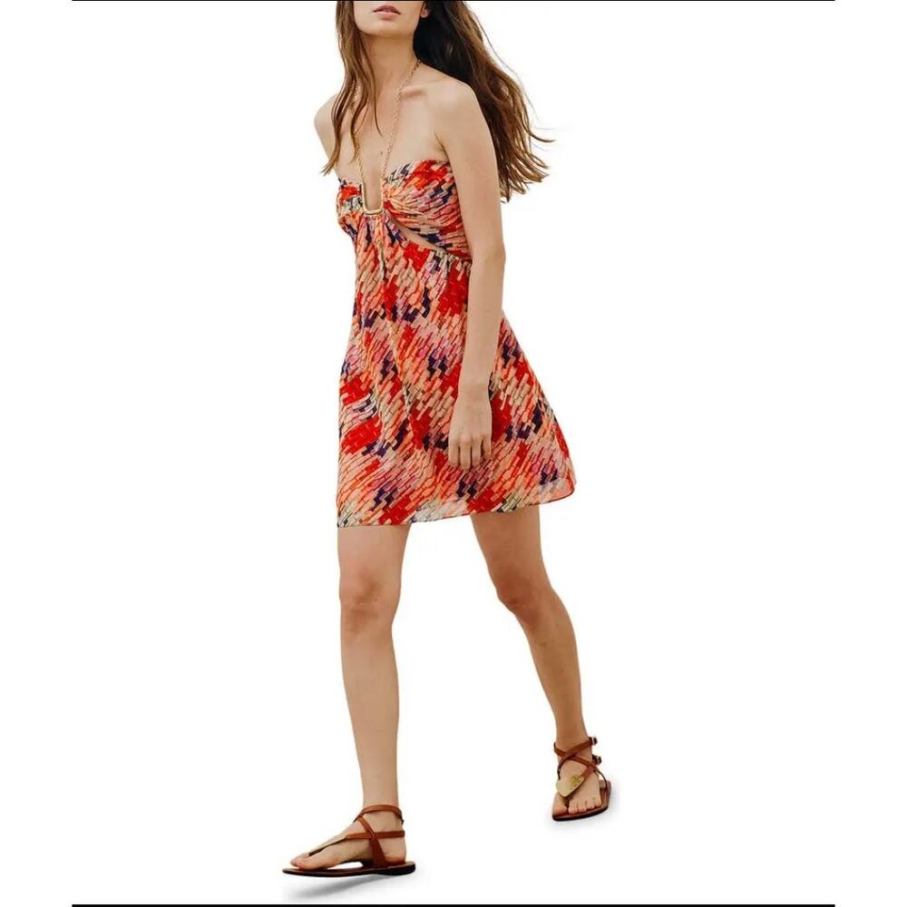 Vix Paula Hermanny Pixie Maureen Halter Cover-Up Dress Size 4 Red Multi Silk